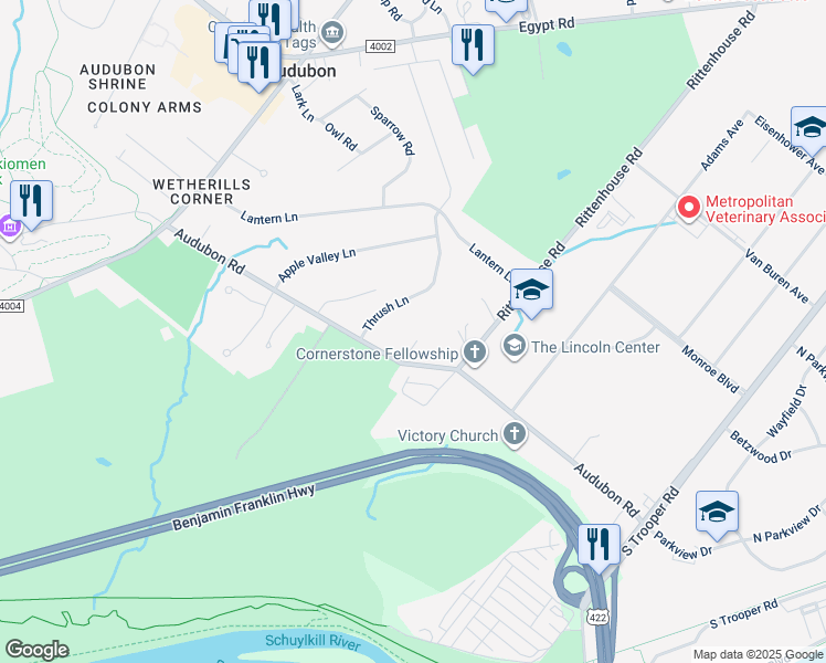 map of restaurants, bars, coffee shops, grocery stores, and more near 2717 Audubon Road in Eagleville