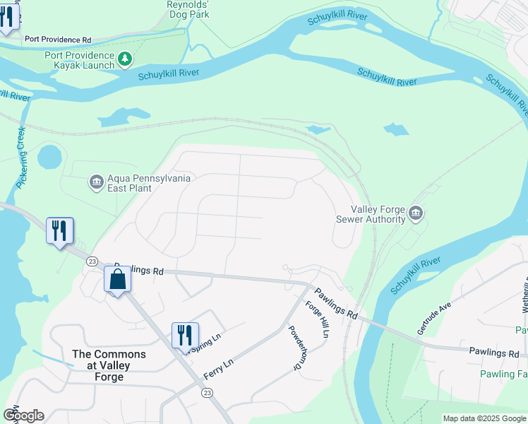 map of restaurants, bars, coffee shops, grocery stores, and more near 637 Patriot Lane in Phoenixville