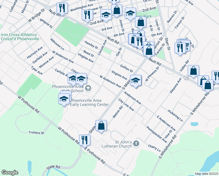 map of restaurants, bars, coffee shops, grocery stores, and more near 239 City Line Avenue in Phoenixville