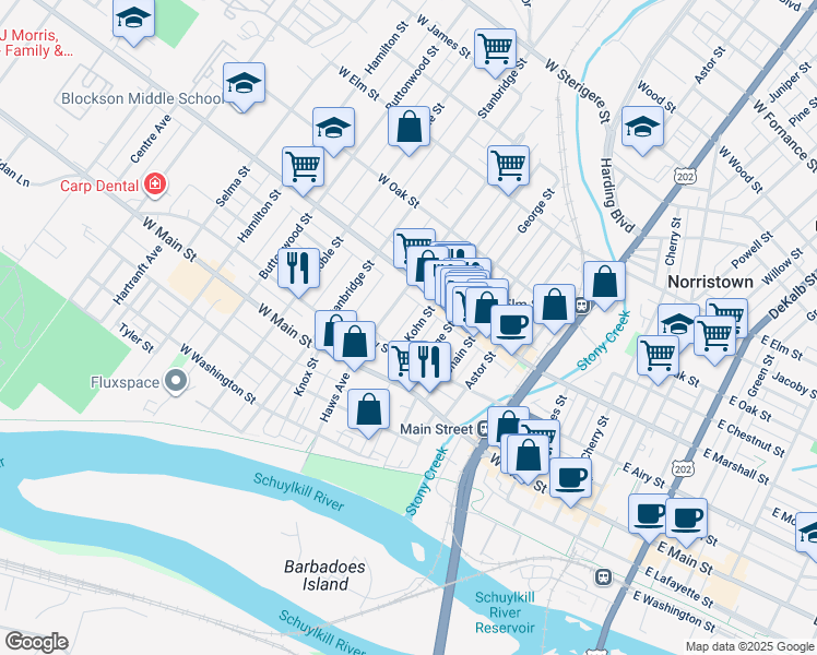 map of restaurants, bars, coffee shops, grocery stores, and more near 533 Kohn Street in Norristown