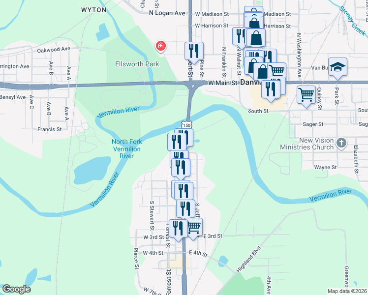 map of restaurants, bars, coffee shops, grocery stores, and more near 126 South Gilbert Street in Danville