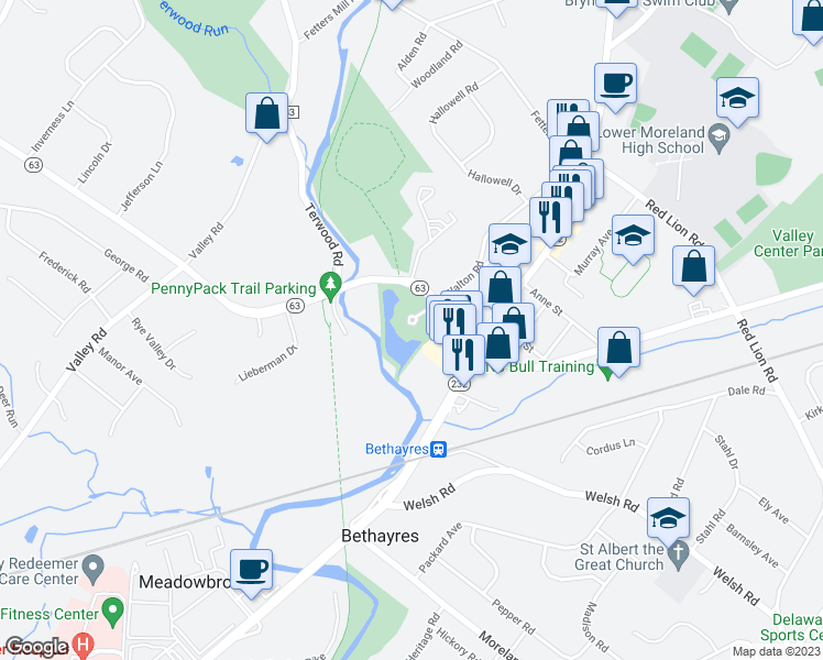 map of restaurants, bars, coffee shops, grocery stores, and more near 700 Welsh Road in Montgomery County