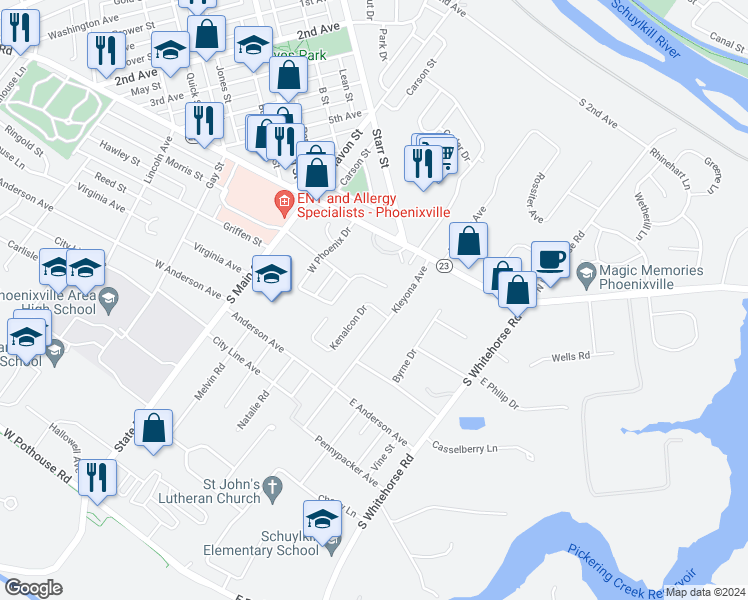 map of restaurants, bars, coffee shops, grocery stores, and more near 12 Kenalcon Drive in Phoenixville