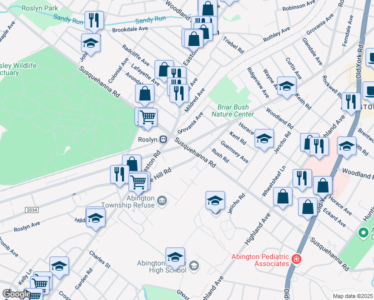 map of restaurants, bars, coffee shops, grocery stores, and more near 1099 Tyson Avenue in Abington