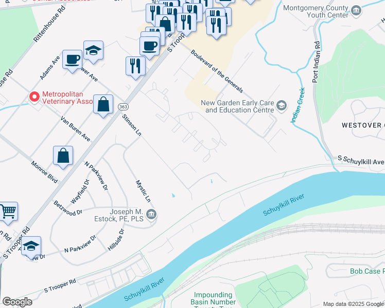 map of restaurants, bars, coffee shops, grocery stores, and more near 1803 Harrison Court in Eagleville