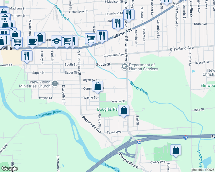 map of restaurants, bars, coffee shops, grocery stores, and more near 814 Bryan Avenue in Danville