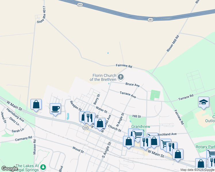 map of restaurants, bars, coffee shops, grocery stores, and more near 530 North Plum Street in Mount Joy