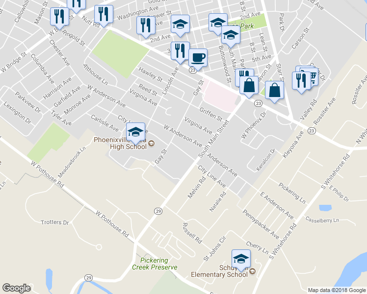 map of restaurants, bars, coffee shops, grocery stores, and more near 239 City Line Avenue in Phoenixville