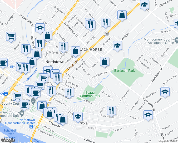 map of restaurants, bars, coffee shops, grocery stores, and more near 1208 Arch Street in Norristown