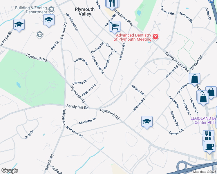 map of restaurants, bars, coffee shops, grocery stores, and more near 133 Pleasant Road in Plymouth Meeting