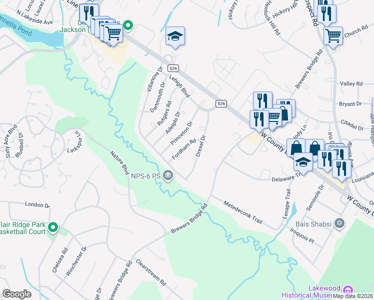 map of restaurants, bars, coffee shops, grocery stores, and more near 9 Fordham Road in Jackson Township