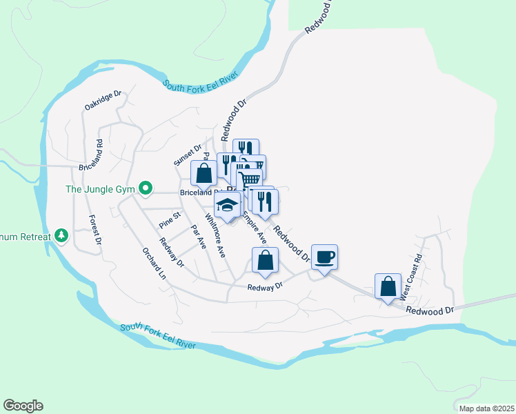 map of restaurants, bars, coffee shops, grocery stores, and more near 3188 Redwood Dr in Redway