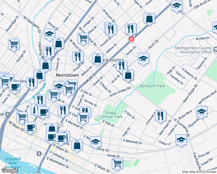 map of restaurants, bars, coffee shops, grocery stores, and more near 1208 Arch Street in Norristown