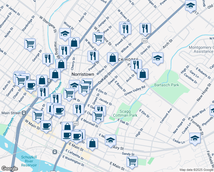 map of restaurants, bars, coffee shops, grocery stores, and more near 1040 Green Street in Norristown