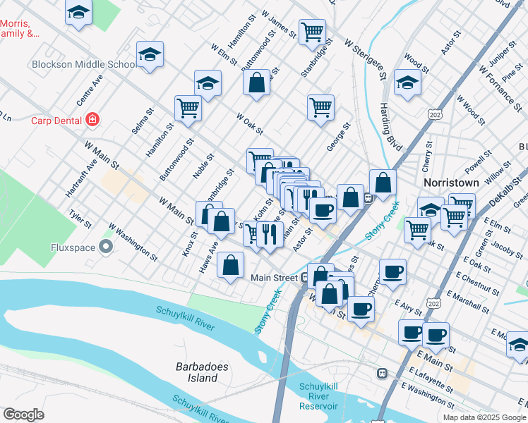 map of restaurants, bars, coffee shops, grocery stores, and more near 542 Kohn Street in Norristown