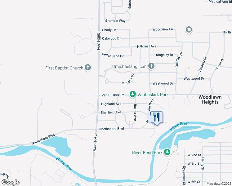 map of restaurants, bars, coffee shops, grocery stores, and more near 2304 Van Buskirk Road in Anderson