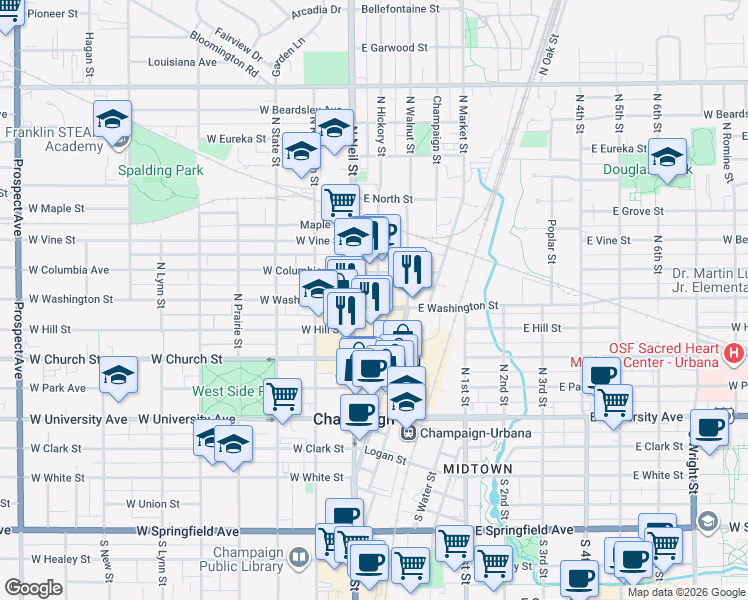 map of restaurants, bars, coffee shops, grocery stores, and more near 523 Hickory Street in Champaign