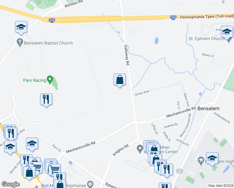 map of restaurants, bars, coffee shops, grocery stores, and more near 134 Derby Lane in Bensalem