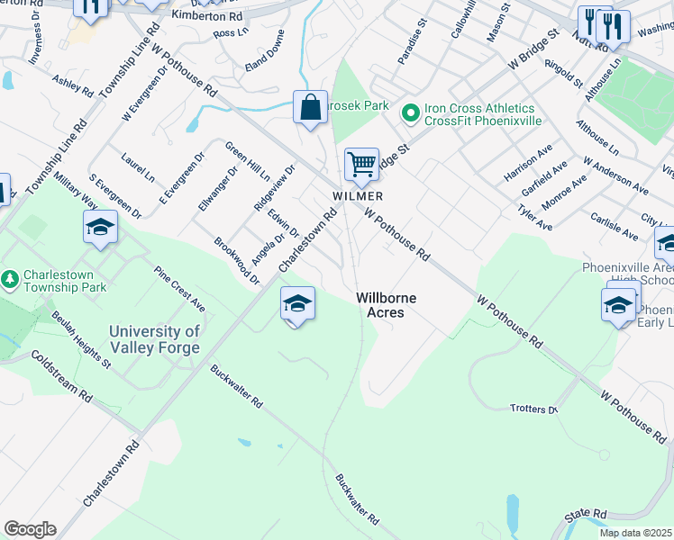 map of restaurants, bars, coffee shops, grocery stores, and more near 38 Rosewood Lane in Phoenixville