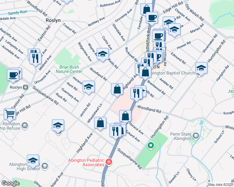 map of restaurants, bars, coffee shops, grocery stores, and more near 1236 Highland Avenue in Abington