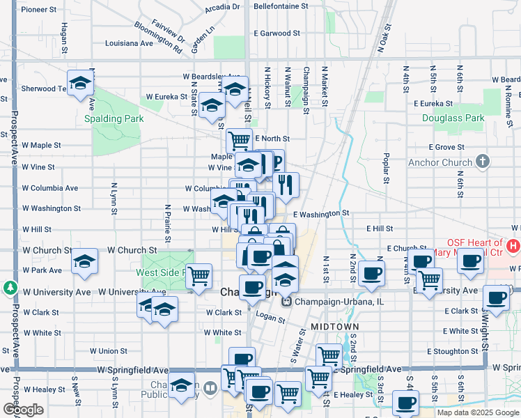 map of restaurants, bars, coffee shops, grocery stores, and more near 518 North Neil Street in Champaign