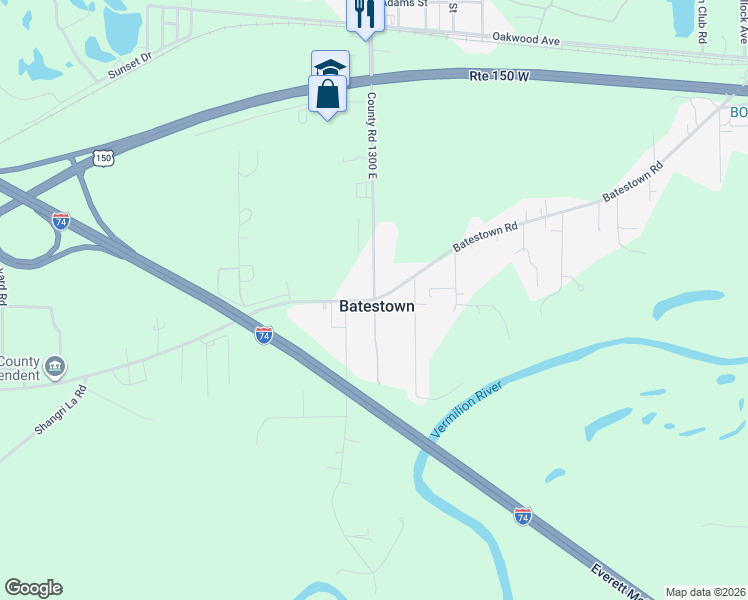 map of restaurants, bars, coffee shops, grocery stores, and more near 2301 Batestown Road in Danville