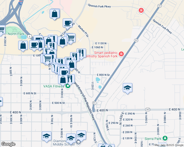 map of restaurants, bars, coffee shops, grocery stores, and more near 835 1120 East in Spanish Fork