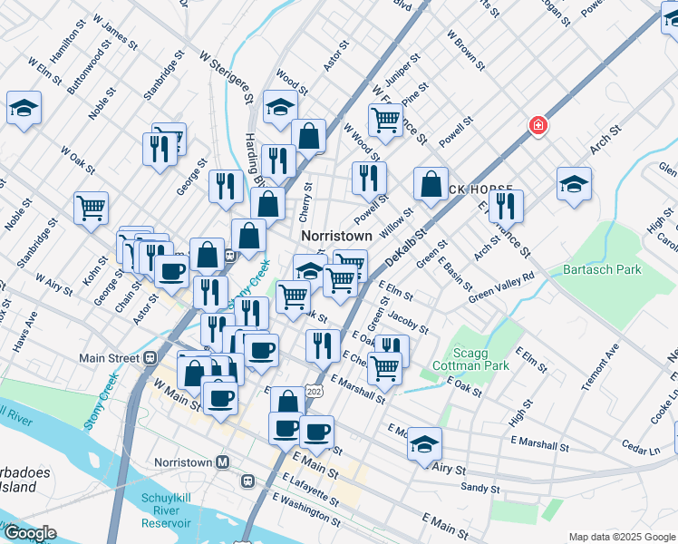 map of restaurants, bars, coffee shops, grocery stores, and more near in Norristown