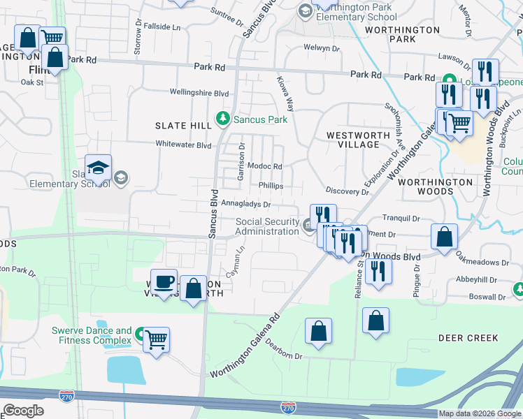 map of restaurants, bars, coffee shops, grocery stores, and more near 884 Annagladys Drive in Columbus
