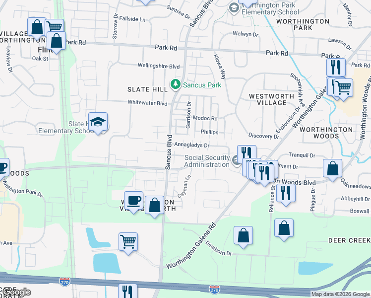 map of restaurants, bars, coffee shops, grocery stores, and more near 861 Annagladys Drive in Columbus