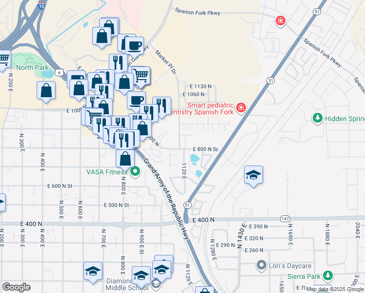 map of restaurants, bars, coffee shops, grocery stores, and more near 809 North 1120 East in Spanish Fork