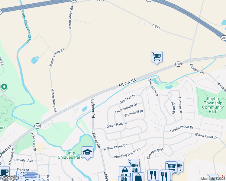 map of restaurants, bars, coffee shops, grocery stores, and more near 3367 Mount Joy Road in Mount Joy