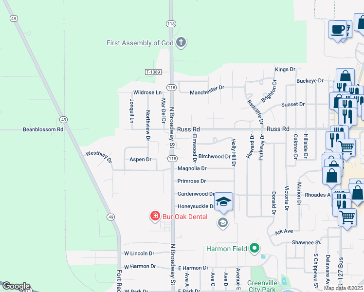 map of restaurants, bars, coffee shops, grocery stores, and more near 1401 North Broadway Street in Greenville
