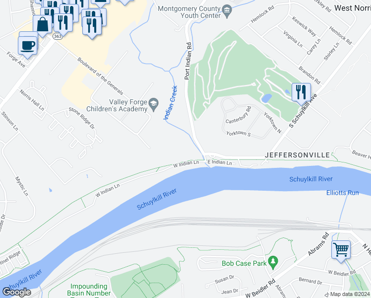 map of restaurants, bars, coffee shops, grocery stores, and more near 741 Port Indian Road in Eagleville