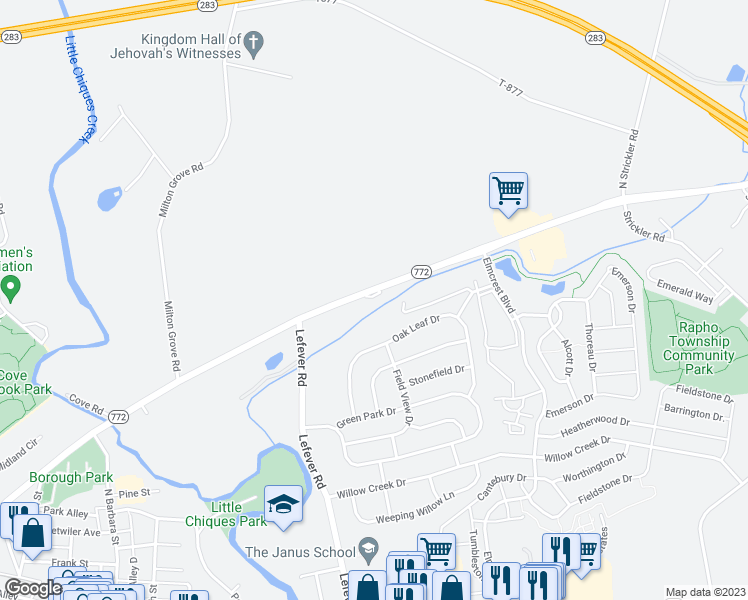 map of restaurants, bars, coffee shops, grocery stores, and more near 3367 Mount Joy Road in Mount Joy