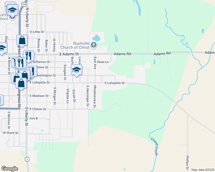 map of restaurants, bars, coffee shops, grocery stores, and more near 816-898 East Lafayette Street in Rushville
