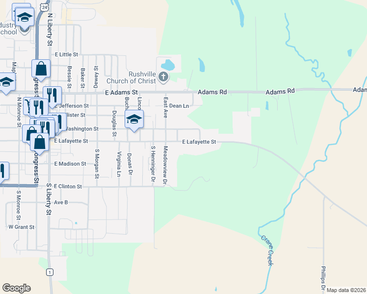 map of restaurants, bars, coffee shops, grocery stores, and more near 816-898 East Lafayette Street in Rushville