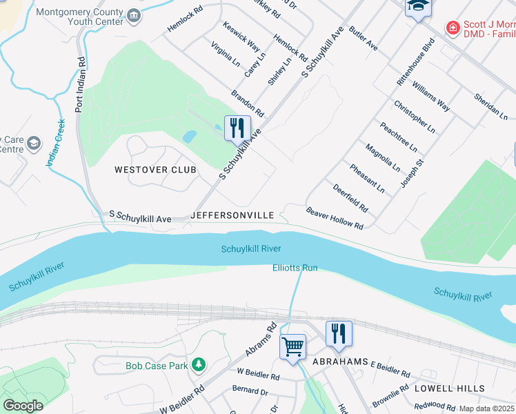 map of restaurants, bars, coffee shops, grocery stores, and more near 126 Woodstream Drive in Montgomery County