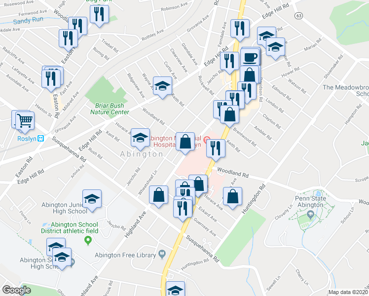 map of restaurants, bars, coffee shops, grocery stores, and more near 1236 Highland Avenue in Abington