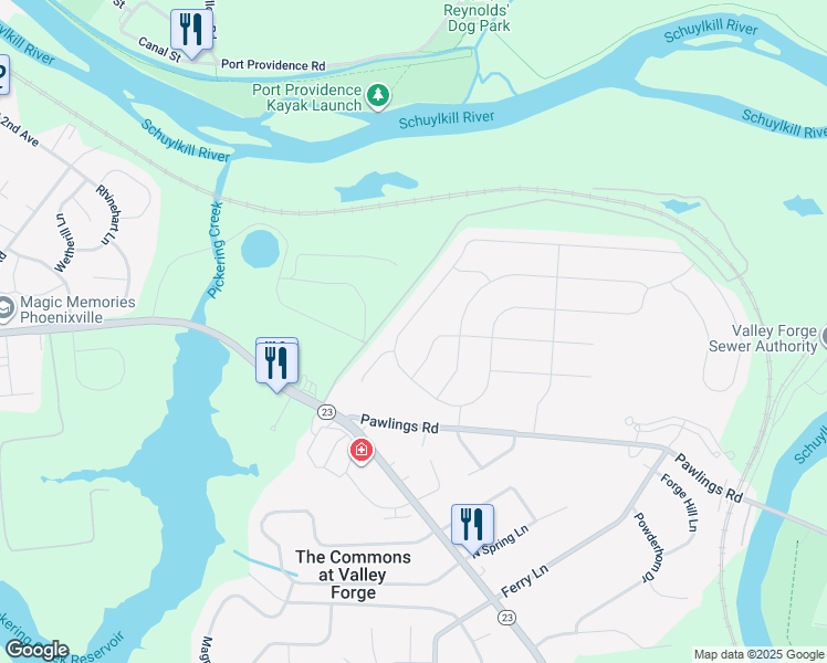 map of restaurants, bars, coffee shops, grocery stores, and more near 156 Picket Post Lane in Phoenixville