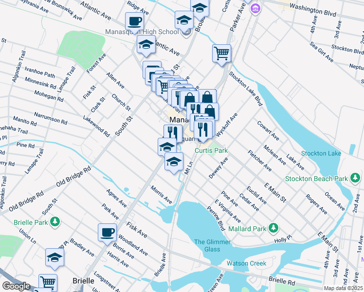 map of restaurants, bars, coffee shops, grocery stores, and more near 104 Curtis Avenue in Manasquan