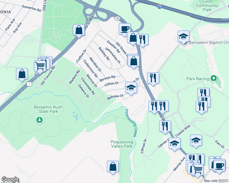 map of restaurants, bars, coffee shops, grocery stores, and more near 2769 Windsor Drive in Bucks County
