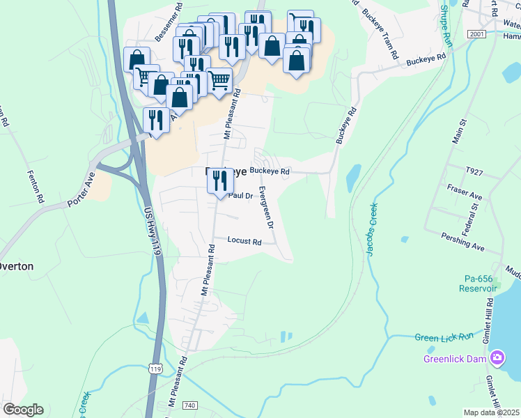 map of restaurants, bars, coffee shops, grocery stores, and more near 324 Evergreen Drive in Mount Pleasant