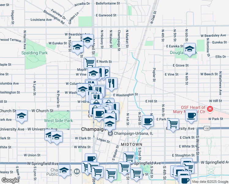 map of restaurants, bars, coffee shops, grocery stores, and more near 52 East Washington Street in Champaign