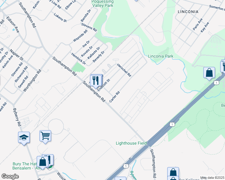 map of restaurants, bars, coffee shops, grocery stores, and more near 15019 Milford Street in Philadelphia