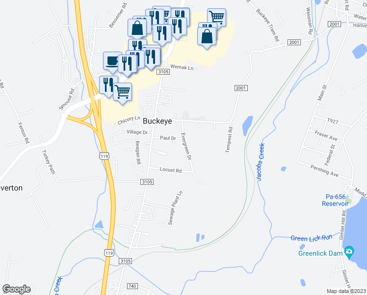 map of restaurants, bars, coffee shops, grocery stores, and more near 324 Evergreen Drive in Mount Pleasant