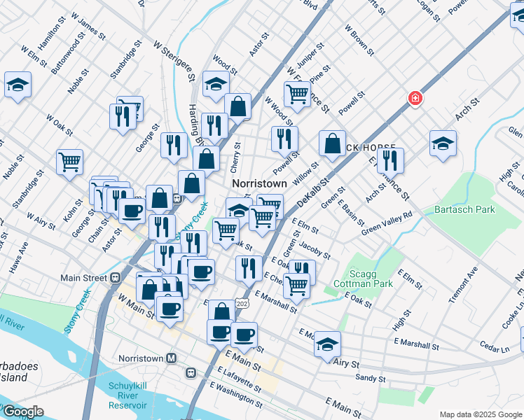 map of restaurants, bars, coffee shops, grocery stores, and more near in Norristown