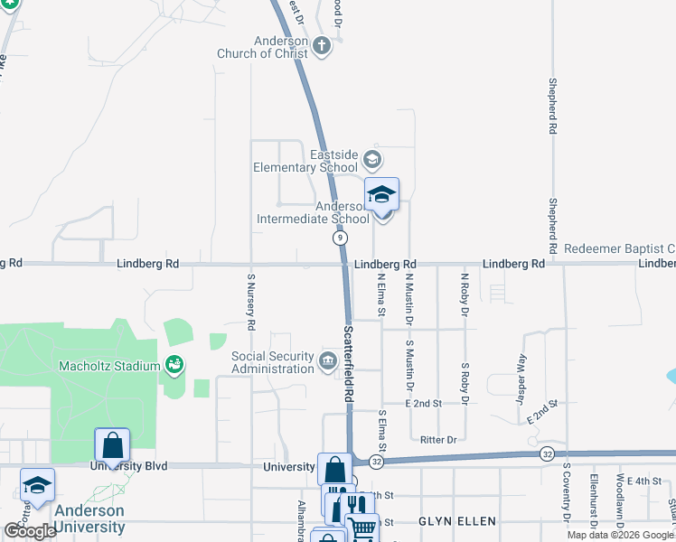 map of restaurants, bars, coffee shops, grocery stores, and more near 2023 Lindberg Rd in Anderson