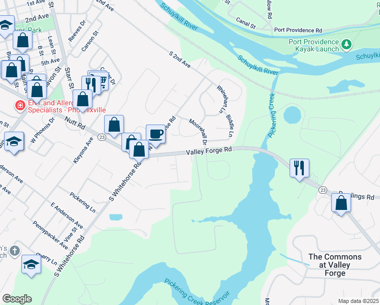 map of restaurants, bars, coffee shops, grocery stores, and more near in Valley Forge