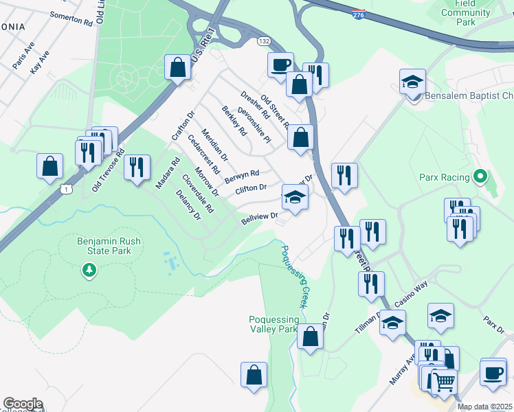 map of restaurants, bars, coffee shops, grocery stores, and more near 2769 Windsor Drive in Bucks County